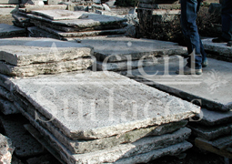 Antique thick Limestone slabs milled at 3" in thickness sitting in our yard, to be used for kitchen countertops, bathroom vanity tops, BBQ tops, kitchen islands, pool copings, spa coping edges, landscaping and stairs, salvaged from the bottom of farm house foundations