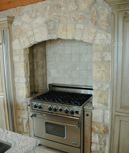 Umbrian Limestone cladding used on a kitchen wall and back splash