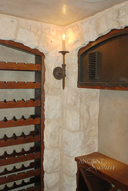 Umbrian Limestone cladding used on a kitchen wall cladding in a wine cellar