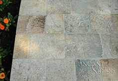 Antique Biblos Stone Flooring Pavers on a stair landing in the backyard of a Beverly hills home