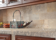 Biblical Stone used on a backsplash of a Tuscan farmhouse kitchen