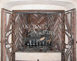 Antique hand forged fireplace metal gates crafted out of original entryway iron gates and doors.