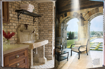 Antique thick Limestone slabs milled at 3" in thickness used as a bath tub surround in a master bathroom, salvaged from the bottom of farm house foundations