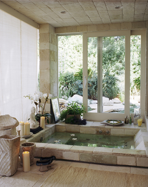 Antique Biblos Stone Flooring Pavers on a stair landing in the backyard of a Beverly hills home