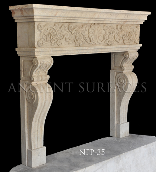 A unique French fireplace design hand carved out of limestone in an art nouveau style