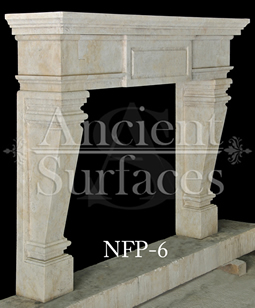 A stunning hand carved stone fireplace mantel for the great room