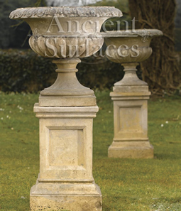 Antique Di Medicci Limestone Planters with Pedastle Pair