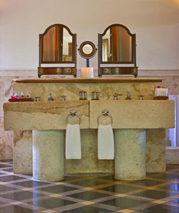 Antique reclaimed farmhouse trough sink hand carved back in the 16th century, refurbished to accommodate any modern setting and application from a powder room sink to a kitchen vegetable sink. This Concave design is very rare and is only found in less than one in a ten thousand antique sinks. Ergonomically hand carved to accommodate for human usage in a high usage area of an old house like in a main kitchen of a grand European villa or castle