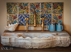 Antique reclaimed stone basin sink salvaged restored and installed in this traditional style Mediterranean home.